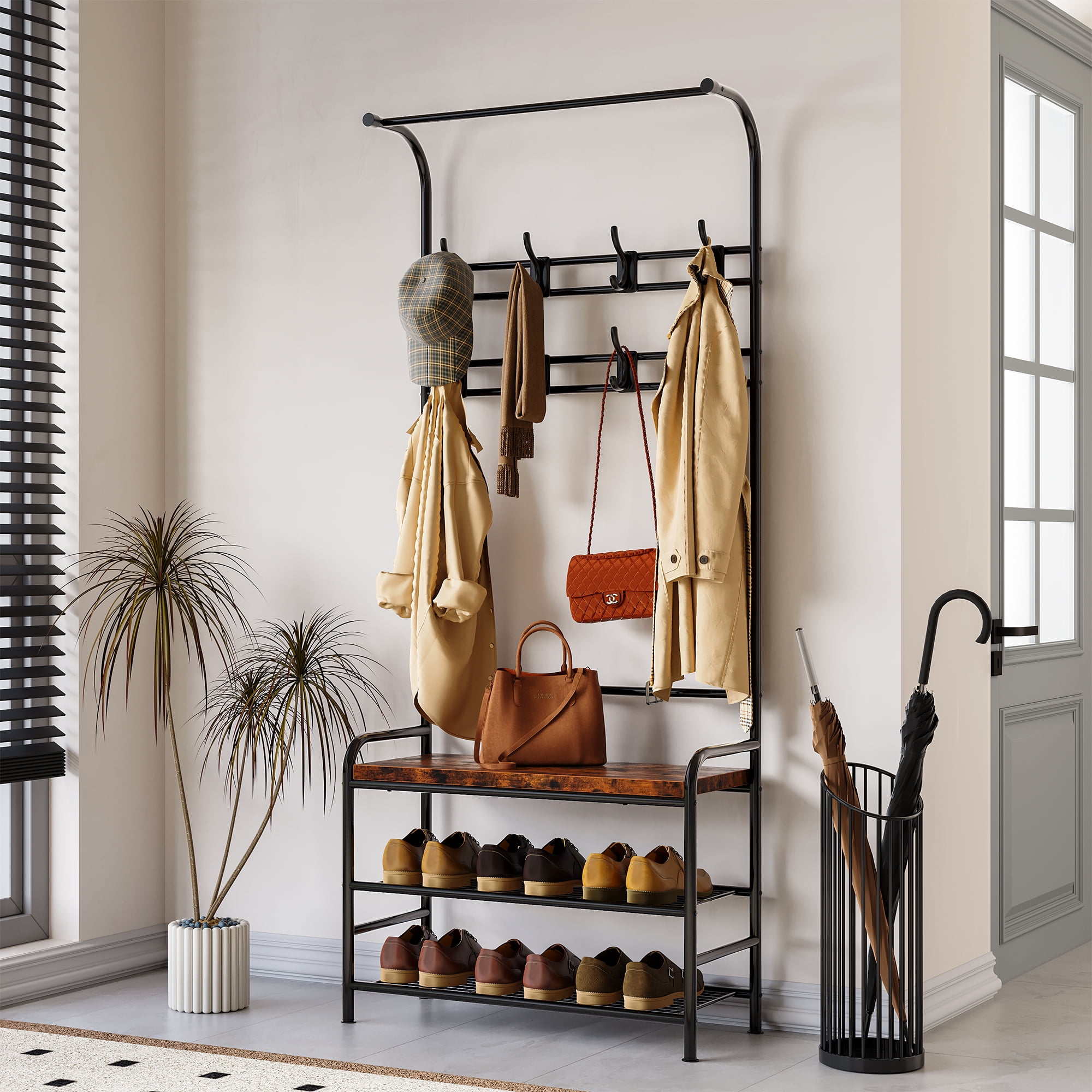 Narrow Hall Tree Storage Bench for Entryway Coat Rack Shoe Bench 4 in 1 Coat Rack with Bench 3 Tier Storage Shelf and 8 Hooks Coat Tree for