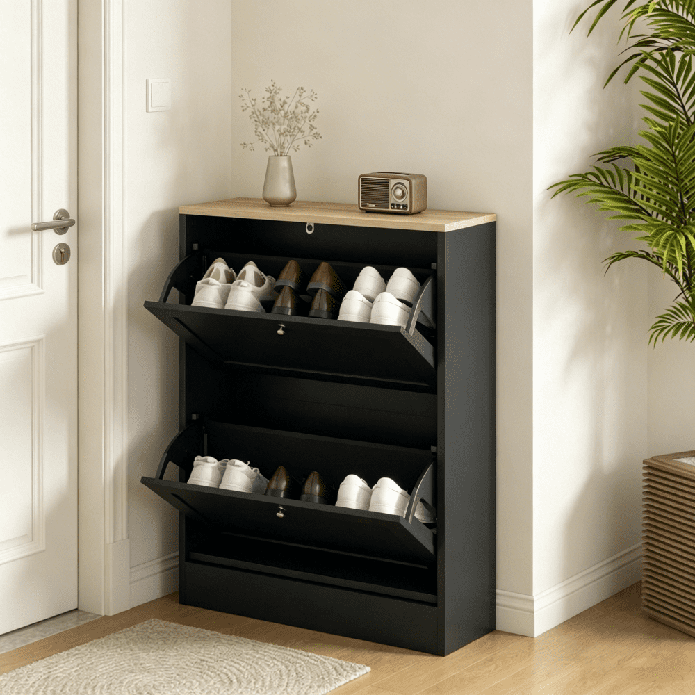 Narrow Hidden Shoe Storage Cabinet with 2 Flip Drawers, Adjustable Shelves Holds 8-12 Pairs US 11 Shoes, Melamine Particleboard Anti-Tipping Slim Shoe Organizer for Small Entryway