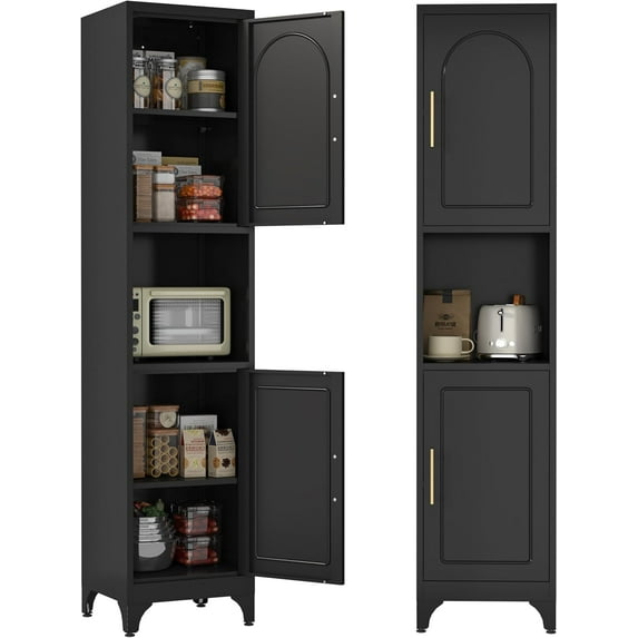 Narrow Kitchen Pantry Cabinet, 75" Tall Storage Cabinets with Doors and Adjustable Shelves, Narrow Metal Food Cabinet with Open Shelf for Dining, Living Room, Black, Assembly Required