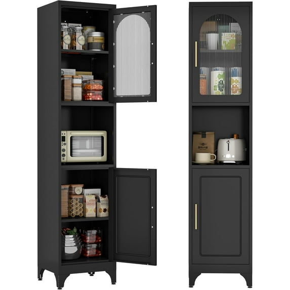Narrow Kitchen Pantry Cabinet with Acrylic Glass Door, 75”Tall Slim Storage Cabinet with Shelves,Skinny Freestanding Cupboard with Open Shelf for Dining, Living Room, Black, Assembly Required