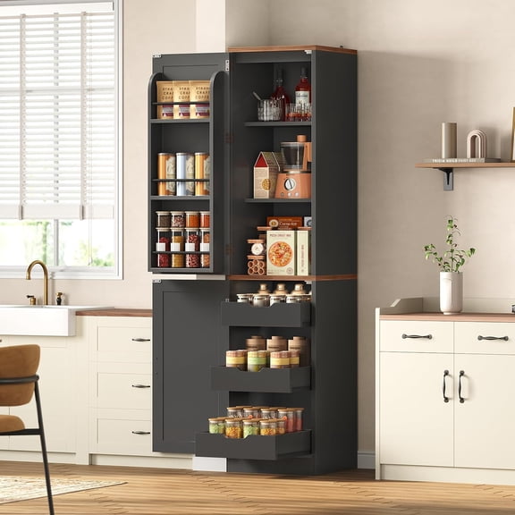 Narrow Kitchen Pantry Storage Cabinet 71 Inch Tall, Freestanding Linen Cabinet with 3 Drawers & Door Racks, Slim Floor Cabinet for Bathroom, Living Room, Black