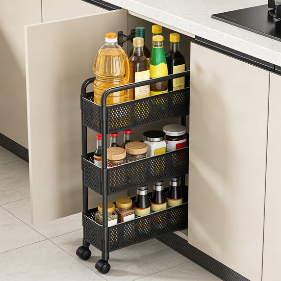Narrow Kitchen Shelf Cart with Wheels - Slim Storage Organizer for Cans Spices Snacks - Multi-Tier Rolling Rack for Pantry Living Room Bedroom Bathroom Dorm - Tall Narrow Space Saver with Hooks