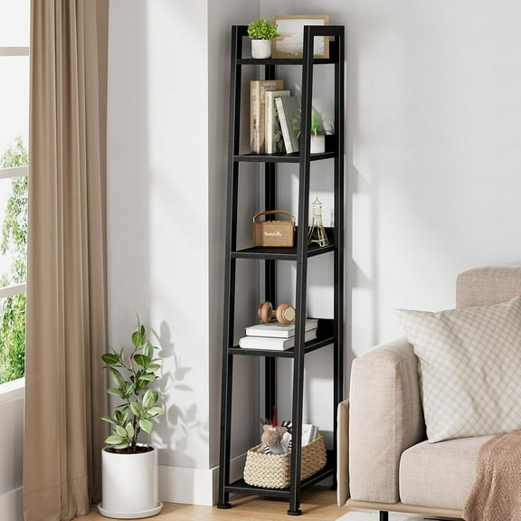 Narrow Ladder Shelf for Small Spaces - 5 Tier Thin Bookshelf Skinny Book Shelves Slim Bookshelves 60 inch Tall, Black