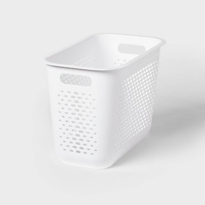 Narrow Large Decorative Plastic Bin White: Modern Storage with Cut-Out Handles, 13" Cube Compatible
