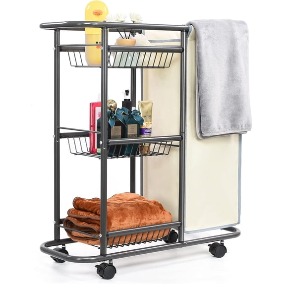 Narrow Laundry Cart with Wheels,3 Baskets and 45L Laundry Bag Metal Rolling Cart for Small Space,Laundry Room Organization and Storage for Bathroom Living Room Apartment Dorm