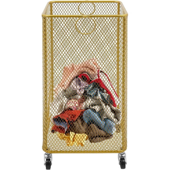 Narrow Laundry Hamper with Wheels,Rolling Metal Laundry Basket Cart for Living Room,Bedroom,Bathroom,Gold