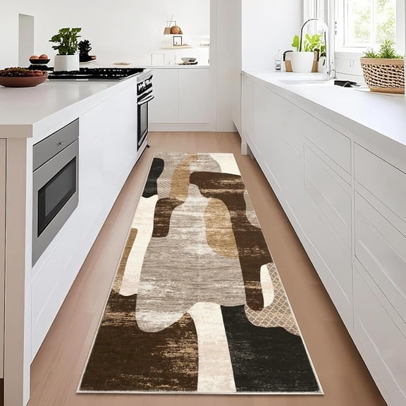Narrow Long Hallway Rugs 2x6 Abstract Print Runner Rugs with Non-Slip Backing, Ultra-Soft Faux Wool Accent Carpet, Non-Shedding Low Pile Indoor Floor Mats for Kitchen, Bedroom, Brown