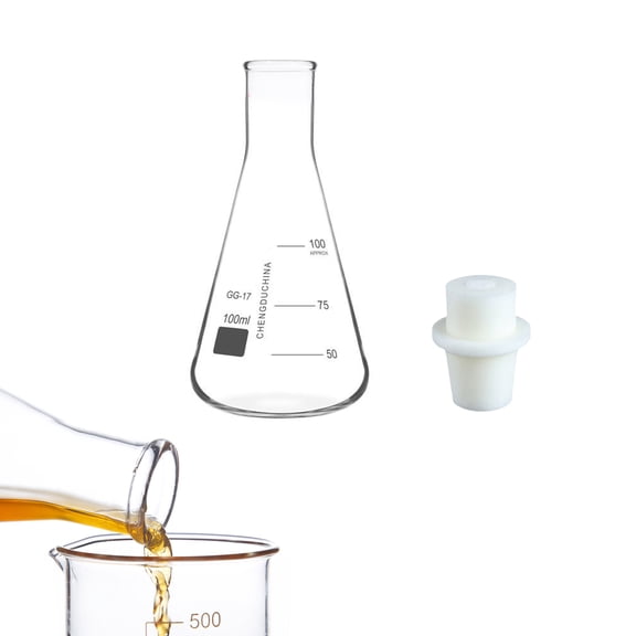 Narrow Mouth Glass Erlenmeyer Flask Set, 100ml Graduated Borosilicate Glass Flask with Silicone Stopper for Lab Experiment Science Studies