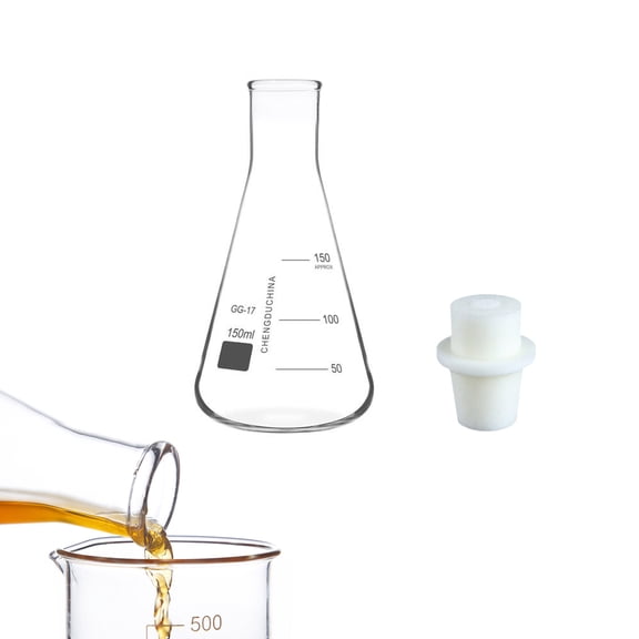 Narrow Mouth Glass Erlenmeyer Flask Set, 150ml Graduated Borosilicate Glass Flask with Silicone Stopper for Lab Experiment Science Studies