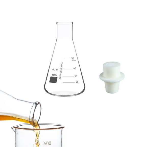 Narrow Mouth Glass Erlenmeyer Flask Set, 50ml Graduated Borosilicate Glass Flask with Silicone Stopper for Lab Experiment Science Studies