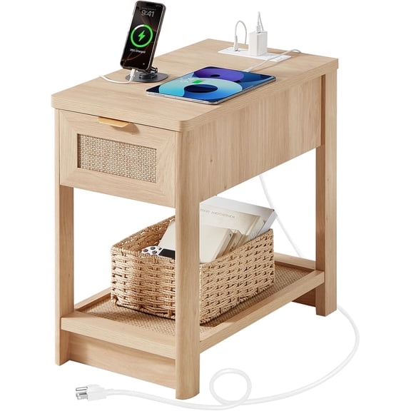 Narrow Night Stand with Charging Station, Boho Nightstand with Drawer, Bed Side End Table with Rattan Shelf for Small Spaces, Wood Nightstands Bedside Tables for Living Room Bedroom