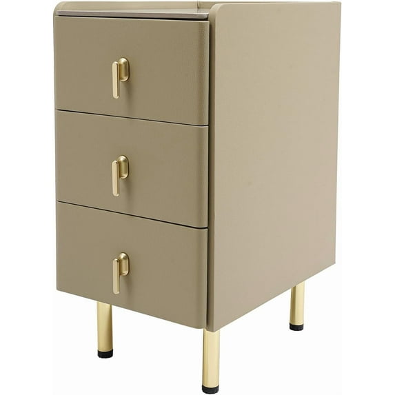Narrow Nightstand with 3 Drawers, PU Bedside Cabinet, Simple Bedside Table Furniture, End Table with Metal Legs for Bedroom, Living Room (Champagne Color)