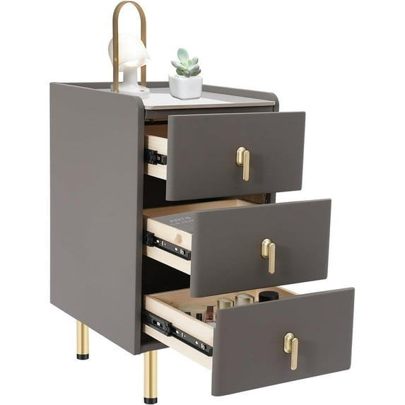 Narrow Nightstand with 3 Drawers, Solid Bedside Cabinet Modern Wood Night Stand with Leather Surface, Slim Storage Bedside Table for Bedrooms, Dormitories, Living Rooms, Dark Grey