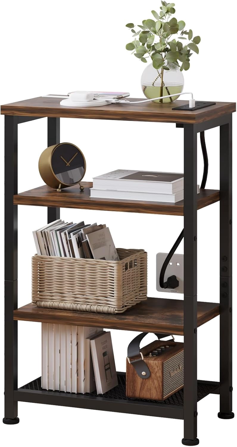 Narrow Nightstand with 4-Tier Shelves, NightStand with Charging Station ...