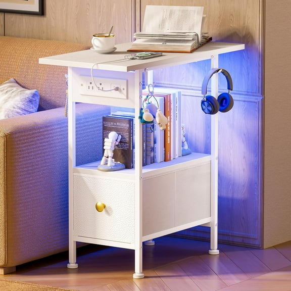 Narrow Nightstand with Charging Station, LED Nightstand with Fabric Storage Drawers, Narrow Dresser for Bedroom, Small Spaces, College Dorm, Furniture Night Stand Bedside End Table, White