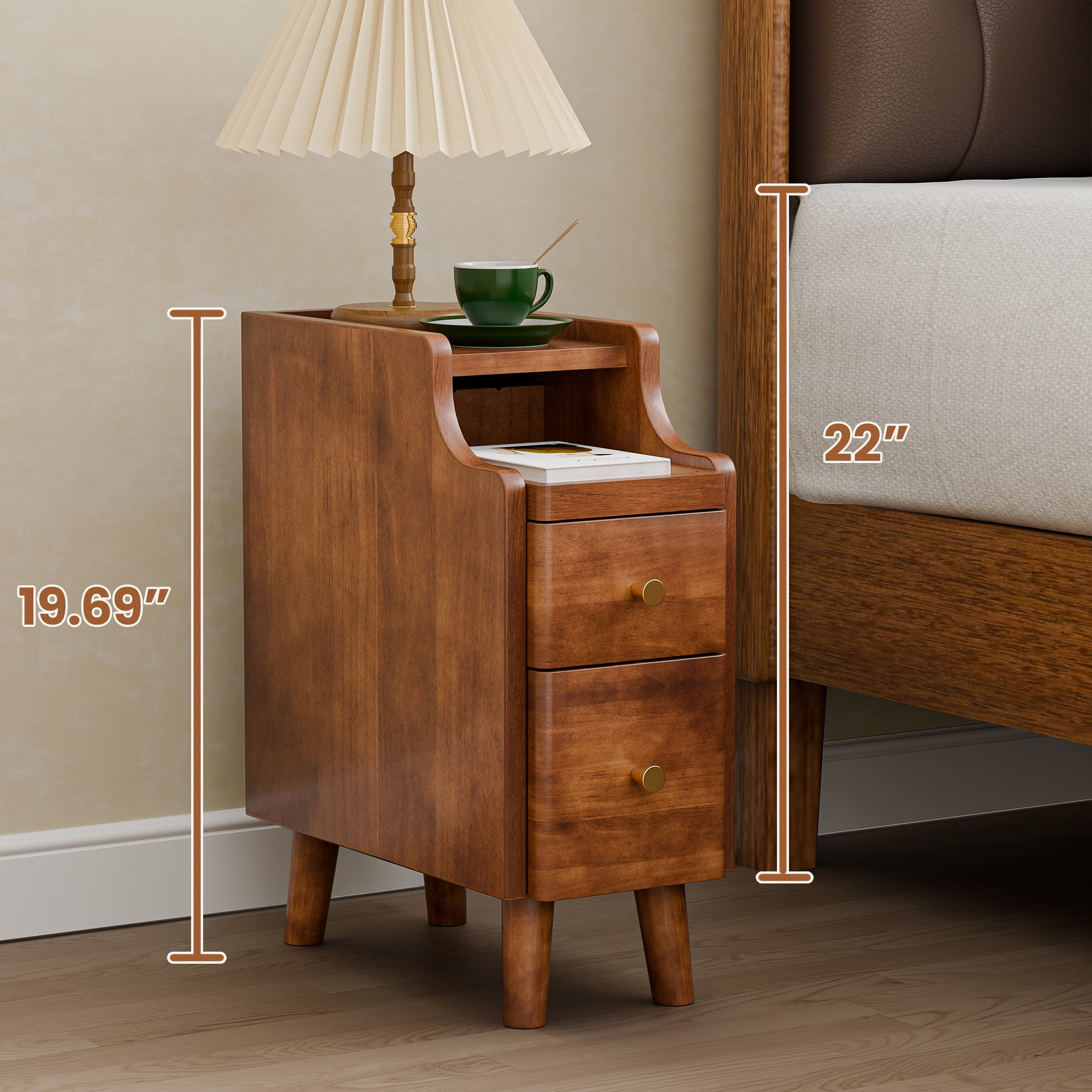 Narrow Nightstand with Drawers, Pre-Assembled Solid Wood Small Skinny Night Stand with Open Sliding Shelf, Mid Century Modern Slim Bedside Table for Bedroom, Sofa End Side Table, Walnut