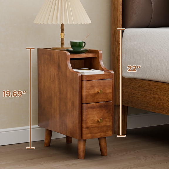 Narrow Nightstand with Drawers, Pre-Assembled Solid Wood Small Skinny Night Stand with Open Sliding Shelf, Mid Century Modern Slim Bedside Table for Bedroom, Sofa End Side Table, Walnut