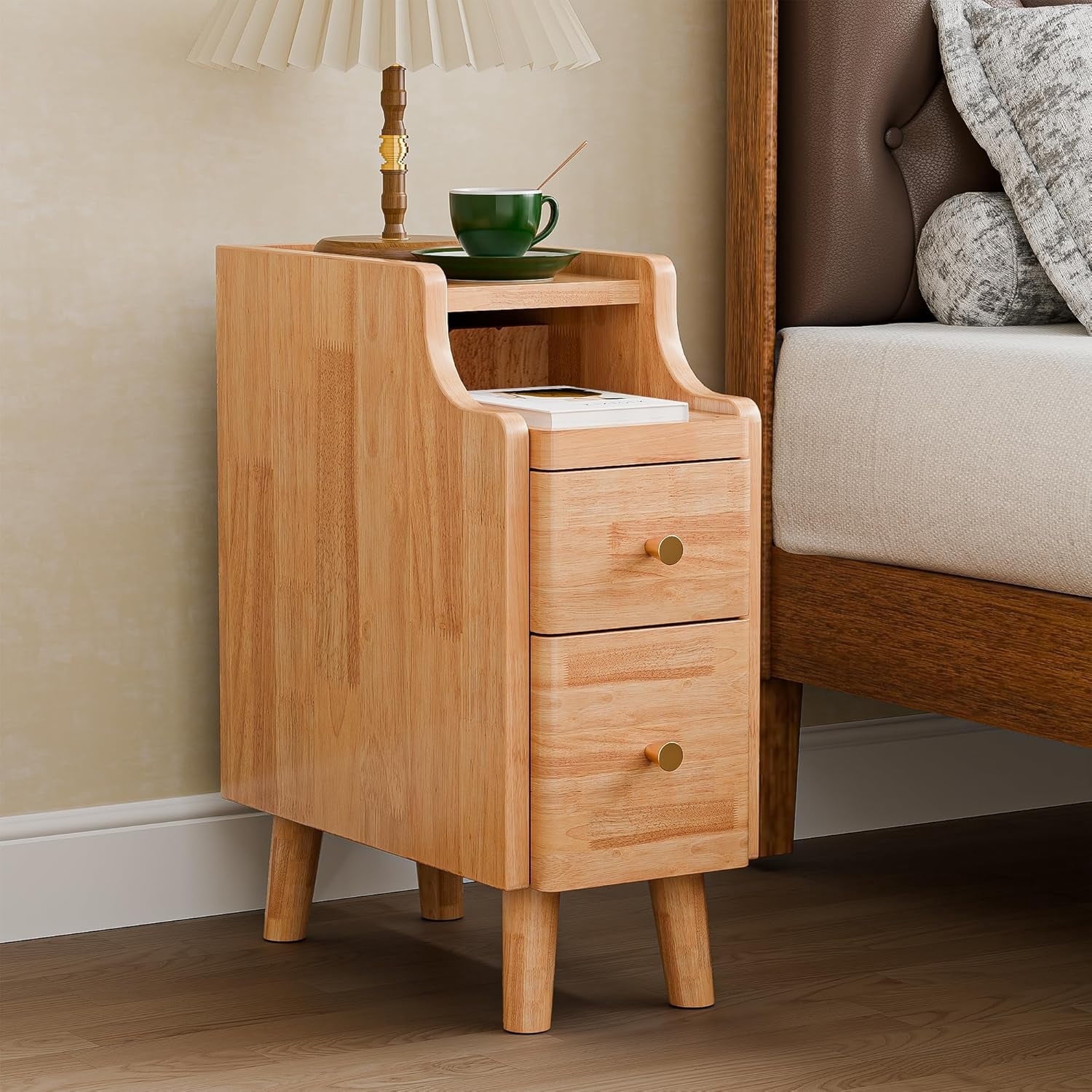 HASLE OUTFITTERS, Narrow Nightstand, Solid Wood, Open Sliding Shelf ...