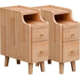 thumbnail image 1 of Narrow Nightstand Set of 2, Pre-Assembled Solid Wood Small Skinny Night Stand with Drawers, Open Sliding Shelf, Mid Century Modern Slim Bedside Table for Bedroom, End Side Table, Natural Oak, 1 of 8