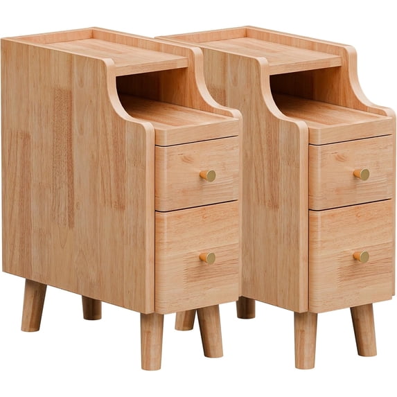 Narrow Nightstand Set of 2, Pre-Assembled Solid Wood Small Skinny Night Stand with Drawers, Open Sliding Shelf, Mid Century Modern Slim Bedside Table for Bedroom, End Side Table, Natural Oak