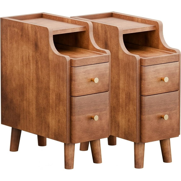 Narrow Nightstand Set of 2, Pre-Assembled Solid Wood Small Skinny Night Stand with Drawers, Open Sliding Shelf, Mid Century Modern Slim Bedside Table for Bedroom, Sofa End Side Table, Walnut
