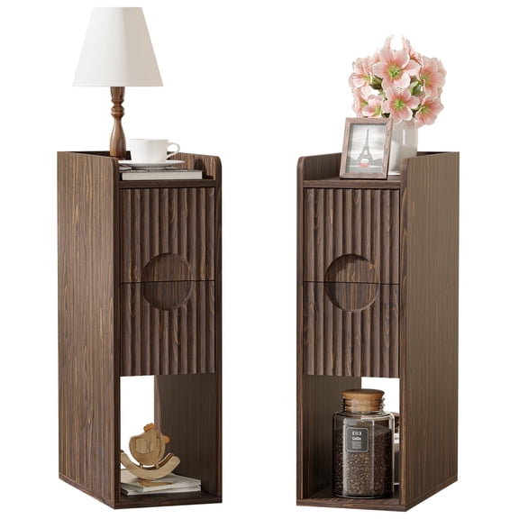 HASLE Nightstand Mid Century Modern Slim Tall Bedside Table with Open Storage Walnut Finish Narrow for Small Spaces Set of 2