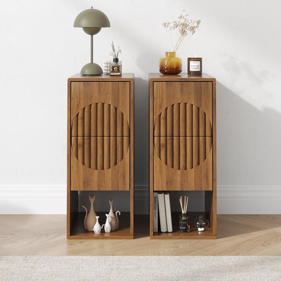 Narrow Nightstand Set of 2, 9.8'' Slim Fluted End Table with 2 Drawers Walnut Bedside Table Small Space