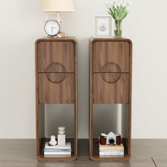 Narrow Nightstand Set of 2, Mid Century Walnut Wood Slim Bedside Table with Round Drawer, Walnut