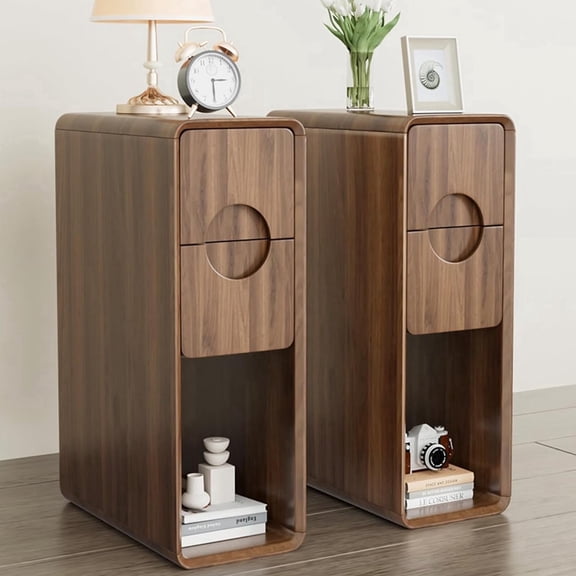 GODPAW Mid Century Narrow Nightstand Set of 2, Walnut Wood Round Drawer, 15.7"D x 7.9"W