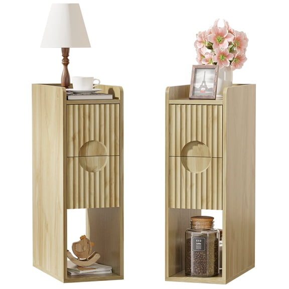 Narrow Nightstand Set of 2, Slim Tall Bedside Table with Open Storage, Mid Century Modern Skinny Night Stand for Small Spaces, Oak Bedroom Furniture