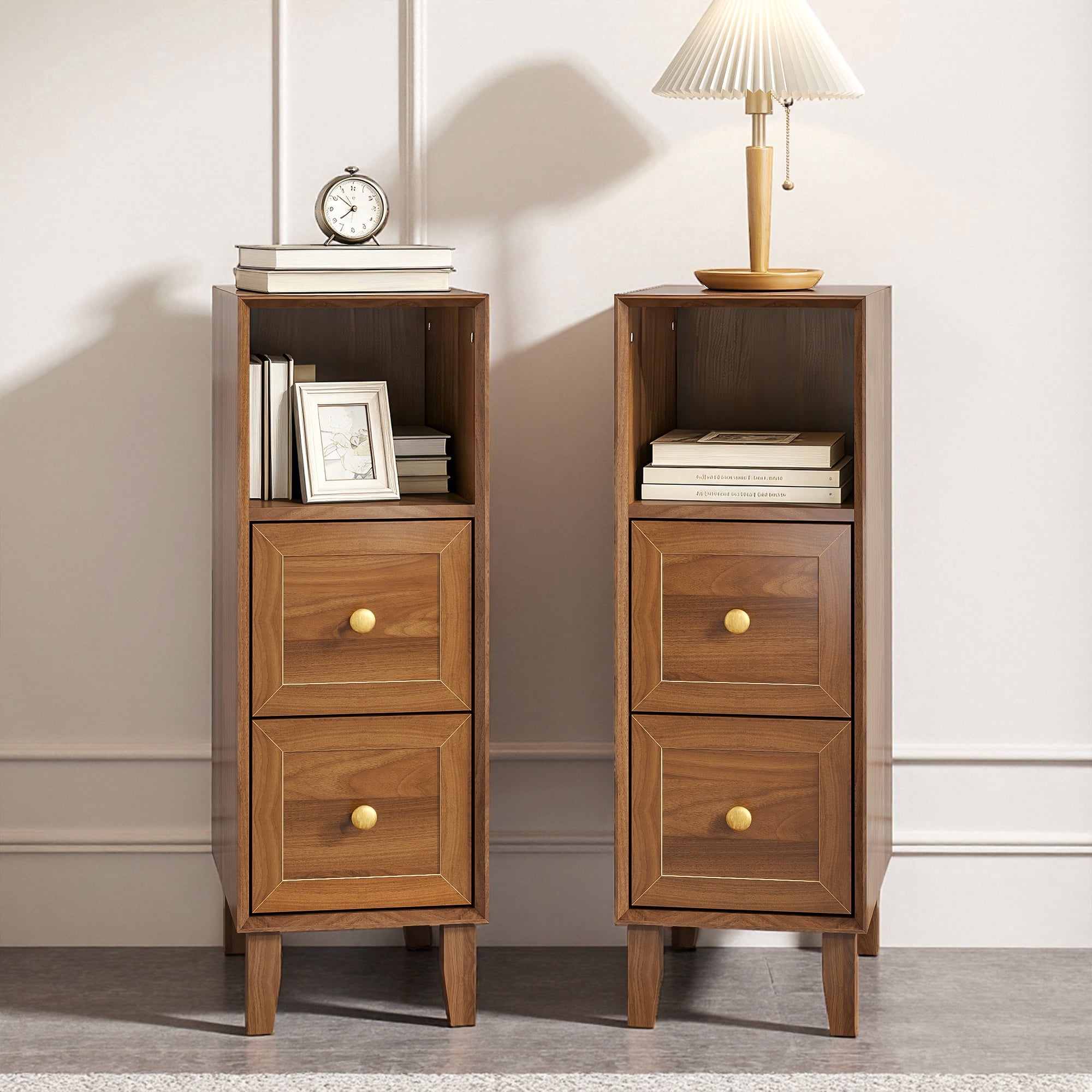 Narrow Nightstand Set of 2, Small 2 Drawer Nightstand, Skinny Vintage End Table, Mid Century Modern Night Stand for Living Room, Bedroom, Walnut