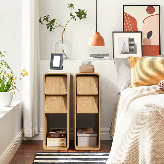 Narrow Nightstand Set of 2, Small Bedside End Table with 2 Drawers, Slim Modern Night Stand for Bedroom, Living Room, Wood Color