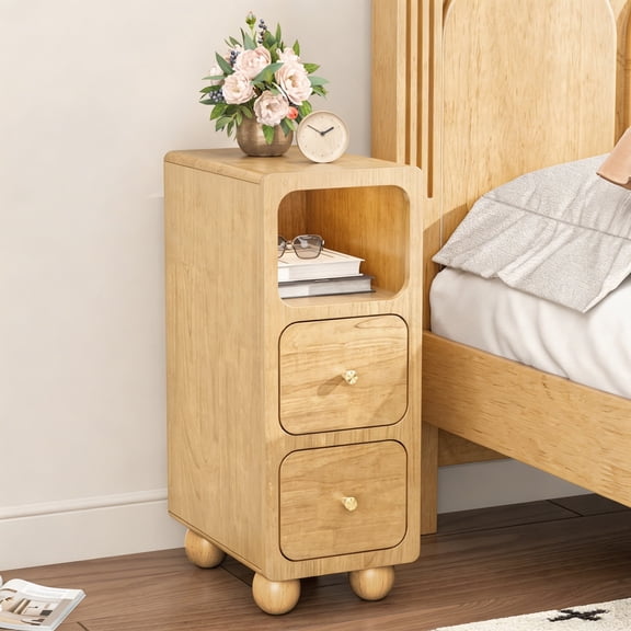 Narrow Nightstand, Small Tall Beside Table with 2 Drawers and Open Shelf, Natural Solid Wood Night Stand, Mid Century Modern Nightstand for Bedroom (10 inch)