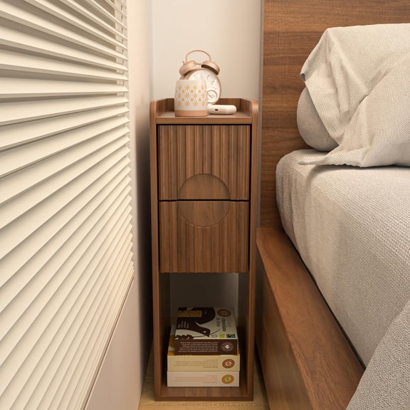 Narrow Nightstand with Charging Station, Drawer & Open Shelf, Slim Side Table, Walnut, 13.78 x 7.87 x 24.41 in