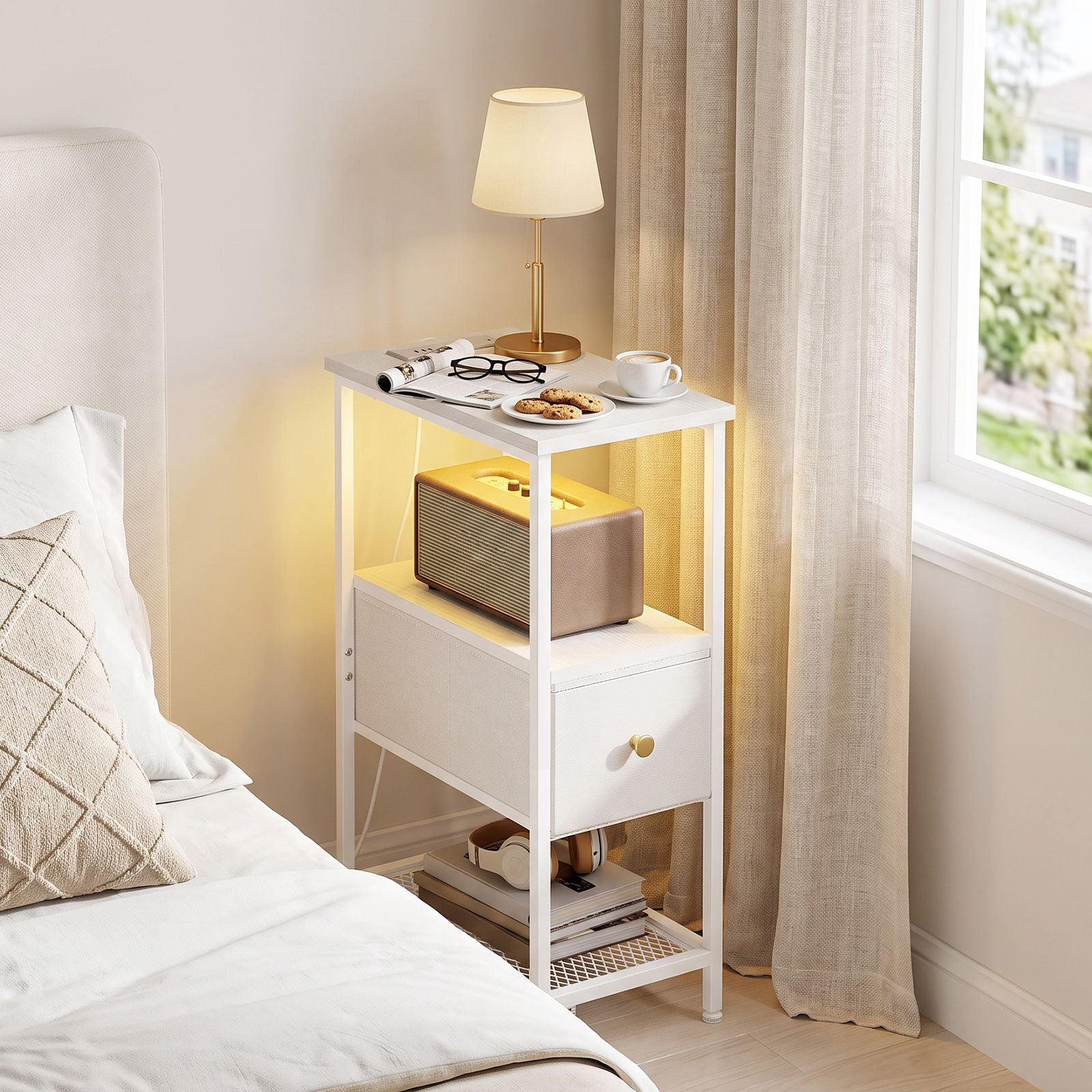 Narrow Nightstand with Charging Station and RGB LED Light, End Table with Fabric Drawer and Mesh Shelf, Steel and Engineered Wood, 26 in H