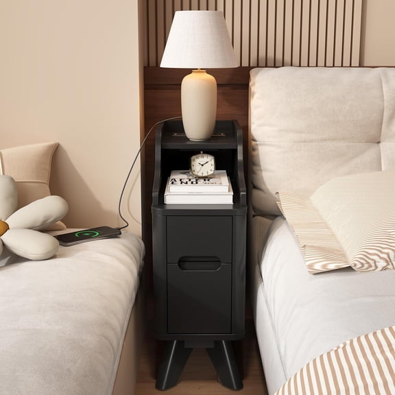 Narrow Nightstand with Drawers, Wood Night Stand with Charger Station, Narrow Bedside Table Modern Side Table Skinny End Table for Bedroom, Black