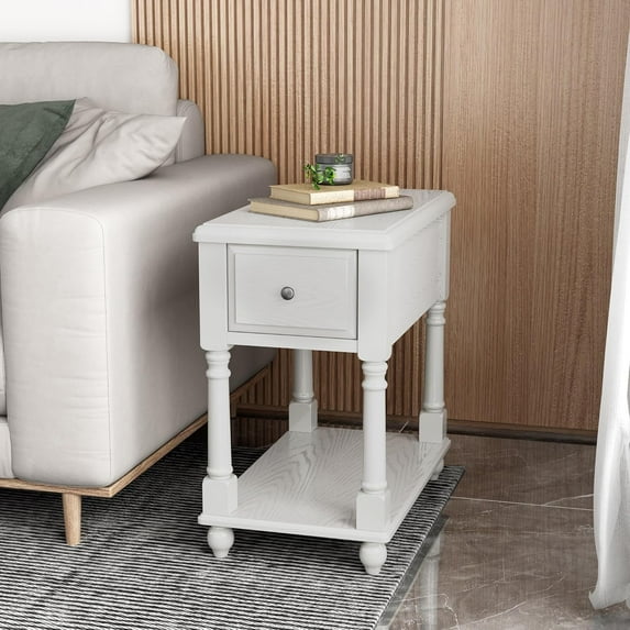 Narrow Open End Table with Drawer, Solid Wood Side Table 2-Tier Skinny Table with Storage Shelves Slim Nightstand Small Sofa End Table for Living Room Bedroom-Antique White 004RW