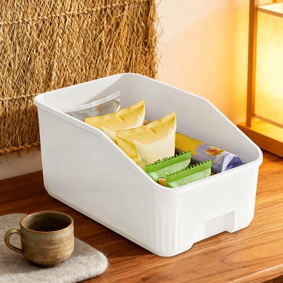 Narrow Open Front Storage Bins for Kitchen Pantry, Foldable Plastic Organizer Baskets for Snacks & Condiments, White, 13.8x9.1x6.9 In