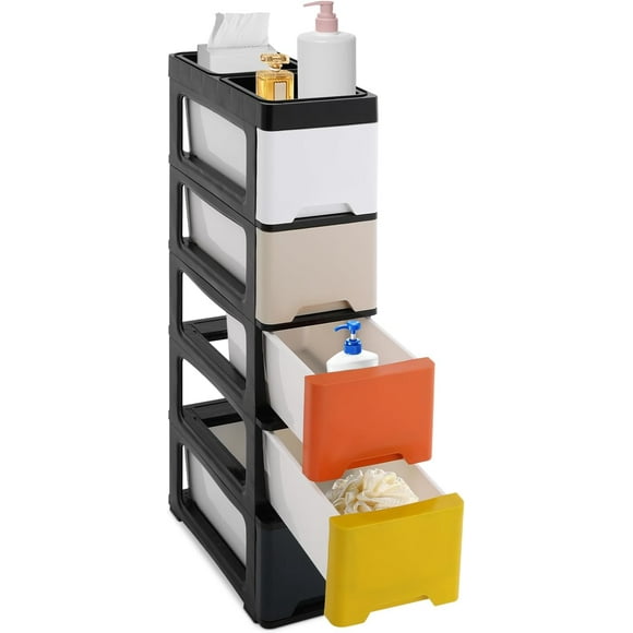 Narrow Plastic Drawers Cabinet, Multi-functional Plastic Tower Organizer with Wheels for Small Space Bathroom Bedroom Kitchen Offices Dormitory, 7 * 15 * 33in (Colorful A)