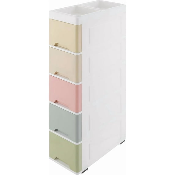 Narrow Plastic Drawers Cabinet, Multi-functional Plastic Tower Organizer with Wheels for Small Space Bathroom Bedroom Kitchen Offices Dormitory, 7 * 15 * 33in (Colorful B)