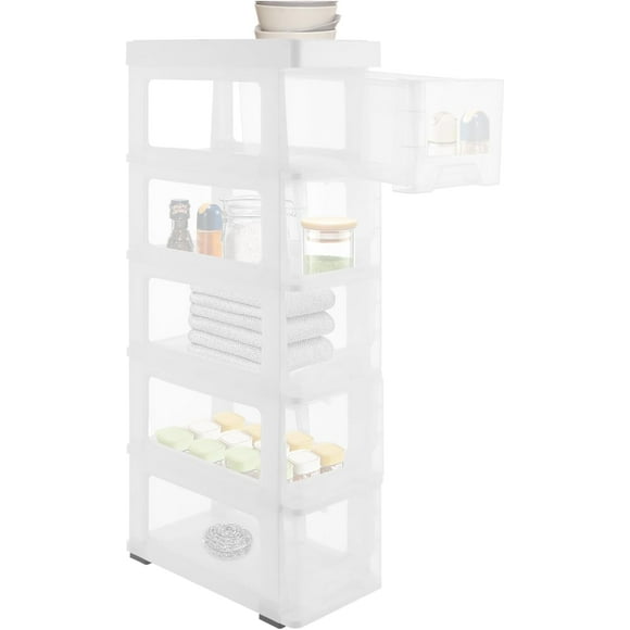 Narrow Plastic Drawers Cabinet, Multi-functional Plastic Tower Organizer with Wheels for Small Space Bathroom Bedroom Kitchen Offices Dormitory, 7 * 15 * 33in (White)