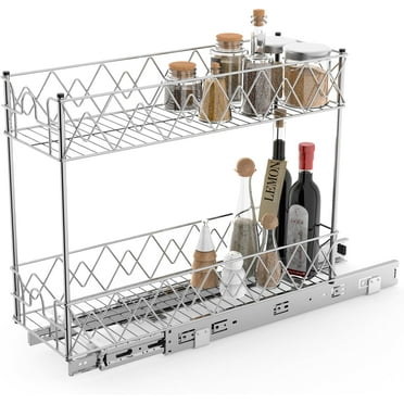 Narrow Pull Out Cabinet Organizer - 7" W x 21" D, 2-Tier Kitchen Cabinet Drawer Slide Out Shelves, Chrome