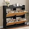 Narrow Rattan Flip Drawer Shoe Storage Cabinet, 4 Soft Close Flip Compartments, Adjustable Inner Panels, Anti-Tip Wall Mount Kit, Holds Up To 32 Pairs, Black+Oak