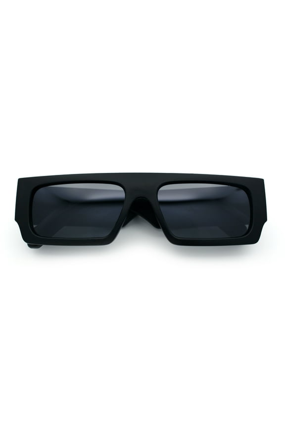 Narrow Rectangle Flat Top Horn Rim Thick Temple Plastic Sunglasses All Black
