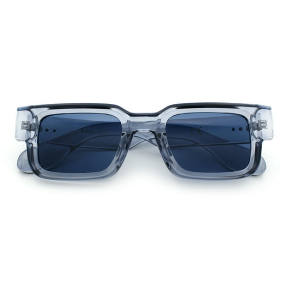 Narrow Rectangle Horn Rim Gentlmanly Thick Beveled Plastic Sunglasses Blue Slate - Black