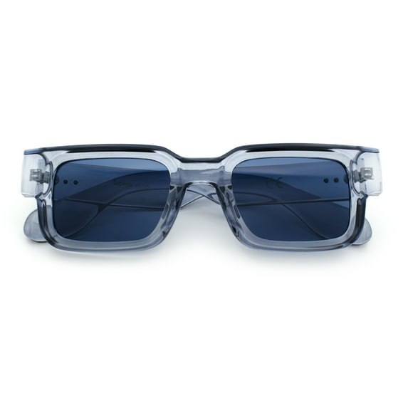Narrow Rectangle Horn Rim Gentlmanly Thick Beveled Plastic Sunglasses Blue Slate - Black
