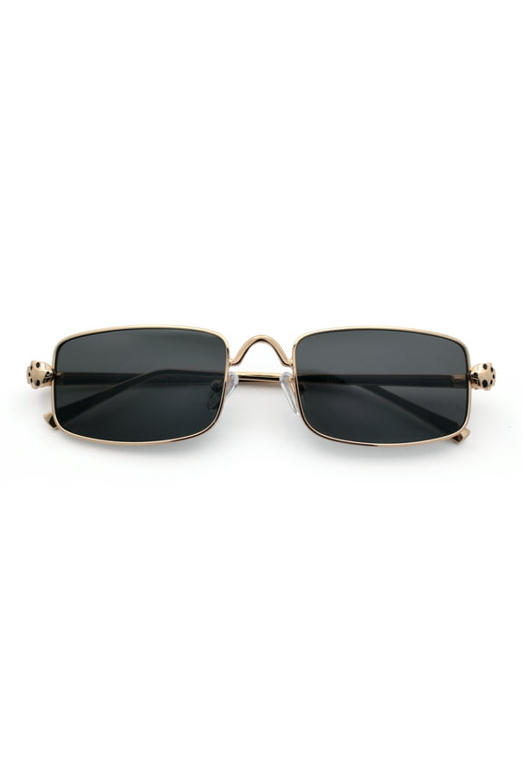 Narrow Rectangle Luxury Leopard Head Jewel Hinges Metal Rim Sunglasses Gold - Black