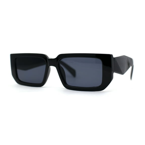 Narrow Rectangle Mod Square Geometric Diamond Cut Arm Sunglasses All Black