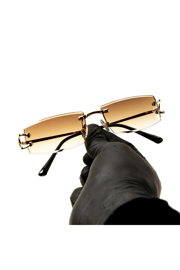 Narrow Rimless Light Brown Gradient Tinted Lens Men Women Stylish Rectangular Gold Frame Shades 90s Rectangular Slim Small Frameless Hip Hop Square Unisex Sunglasses