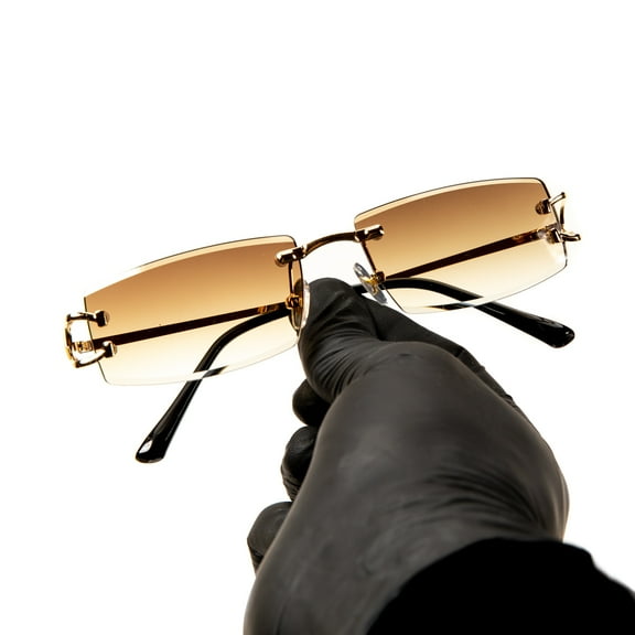 Narrow Rimless Light Brown Gradient Tinted Lens Men Women Stylish Rectangular Gold Frame Shades 90s Rectangular Slim Small Frameless Hip Hop Square Unisex Sunglasses